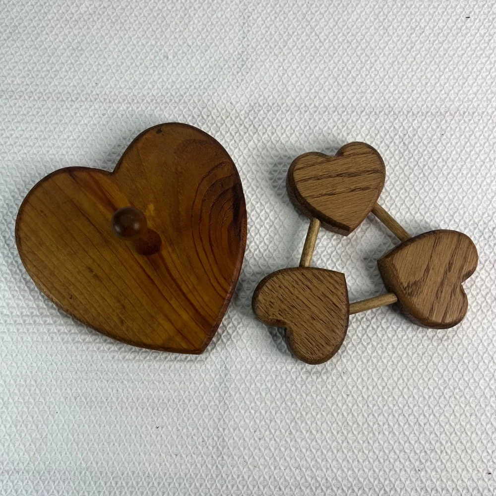 Vintage Wood Heart Wall Hook Peg and Triple Heart Trivet Set Rustic Farmhouse